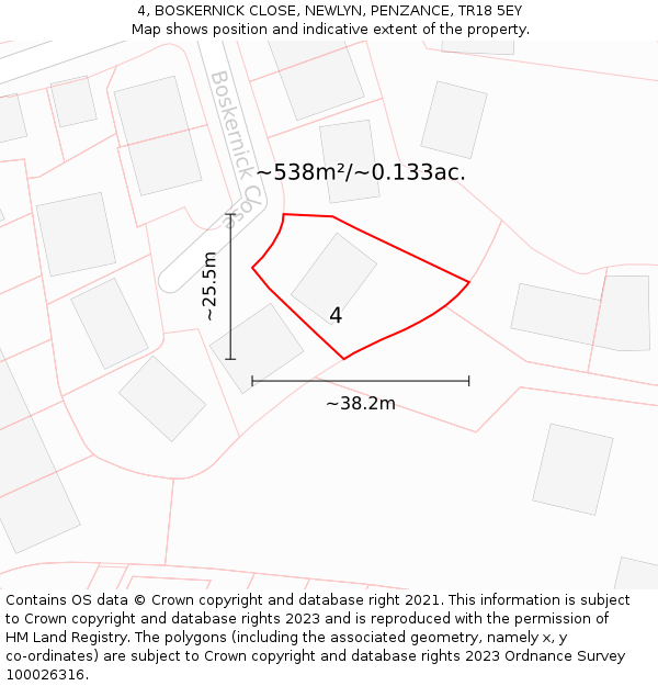 4, BOSKERNICK CLOSE, NEWLYN, PENZANCE, TR18 5EY: Plot and title map