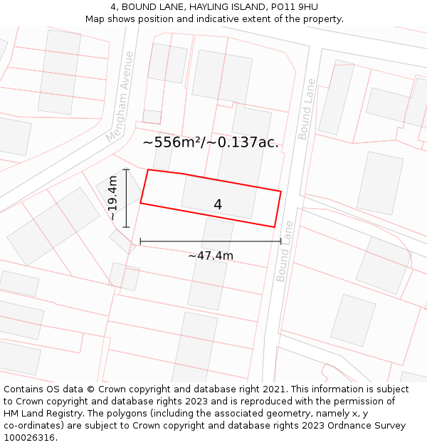 4, BOUND LANE, HAYLING ISLAND, PO11 9HU: Plot and title map