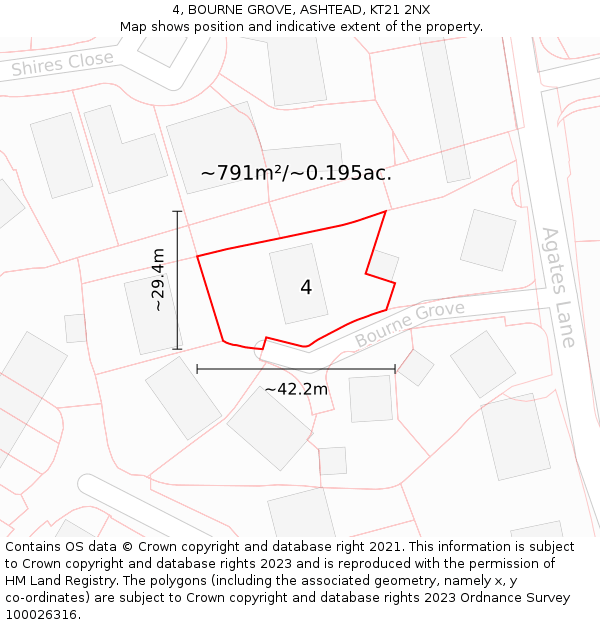 4, BOURNE GROVE, ASHTEAD, KT21 2NX: Plot and title map
