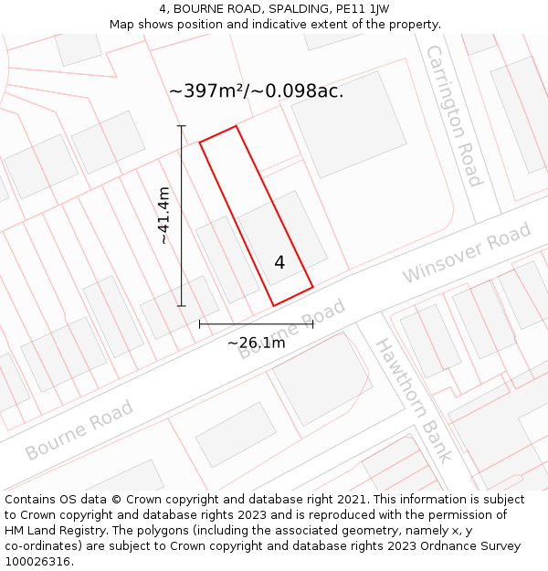 4, BOURNE ROAD, SPALDING, PE11 1JW: Plot and title map