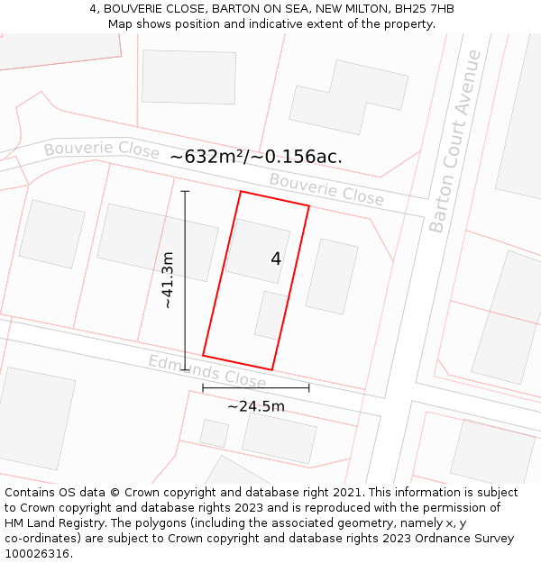 4, BOUVERIE CLOSE, BARTON ON SEA, NEW MILTON, BH25 7HB: Plot and title map