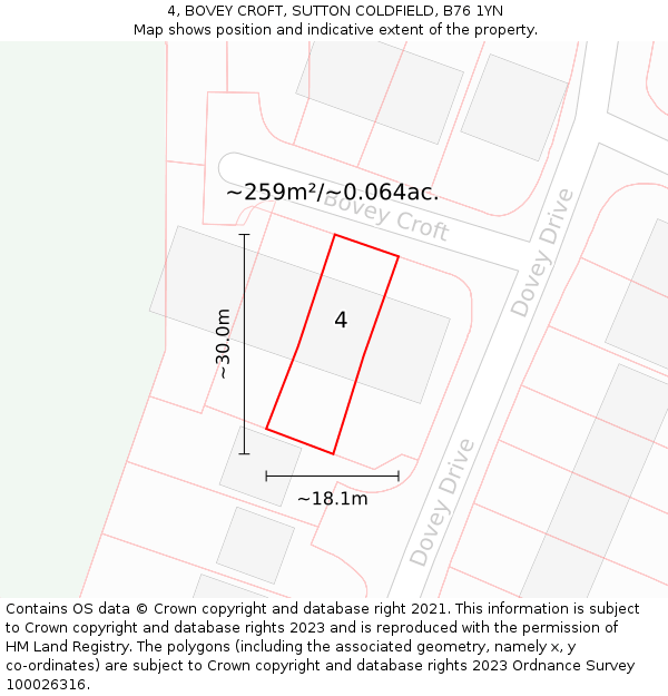 4, BOVEY CROFT, SUTTON COLDFIELD, B76 1YN: Plot and title map