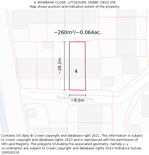 4, BOWBANK CLOSE, LITTLEOVER, DERBY, DE23 3YE: Plot and title map