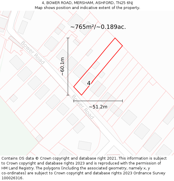 4, BOWER ROAD, MERSHAM, ASHFORD, TN25 6NJ: Plot and title map