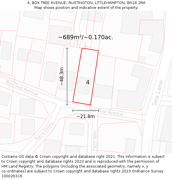 4, BOX TREE AVENUE, RUSTINGTON, LITTLEHAMPTON, BN16 2RA: Plot and title map
