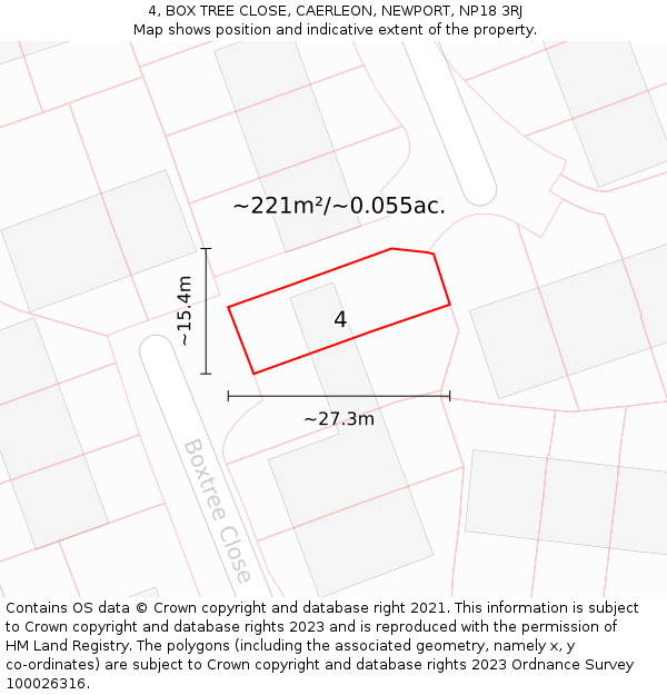 4, BOX TREE CLOSE, CAERLEON, NEWPORT, NP18 3RJ: Plot and title map