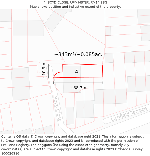 4, BOYD CLOSE, UPMINSTER, RM14 3BG: Plot and title map