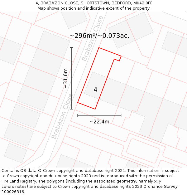 4, BRABAZON CLOSE, SHORTSTOWN, BEDFORD, MK42 0FF: Plot and title map