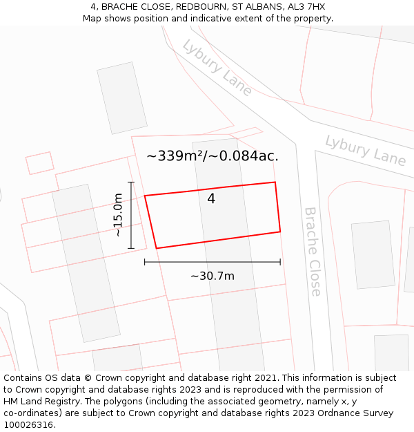4, BRACHE CLOSE, REDBOURN, ST ALBANS, AL3 7HX: Plot and title map