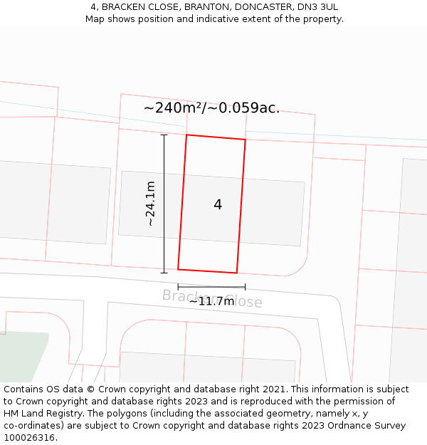 4, BRACKEN CLOSE, BRANTON, DONCASTER, DN3 3UL: Plot and title map