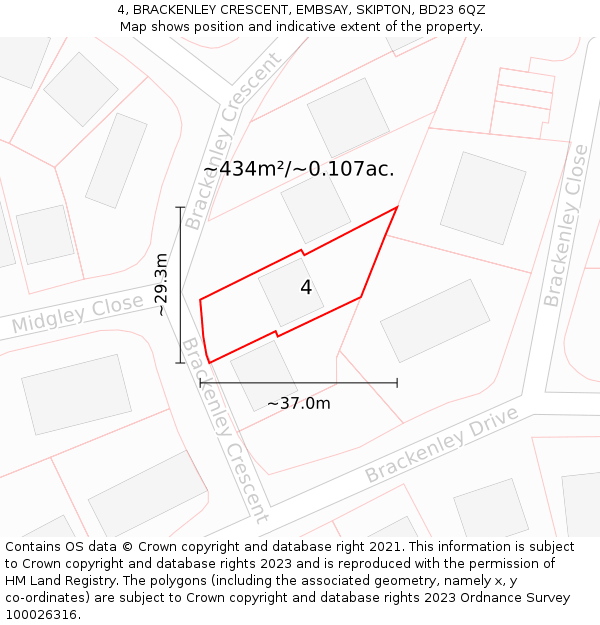 4, BRACKENLEY CRESCENT, EMBSAY, SKIPTON, BD23 6QZ: Plot and title map
