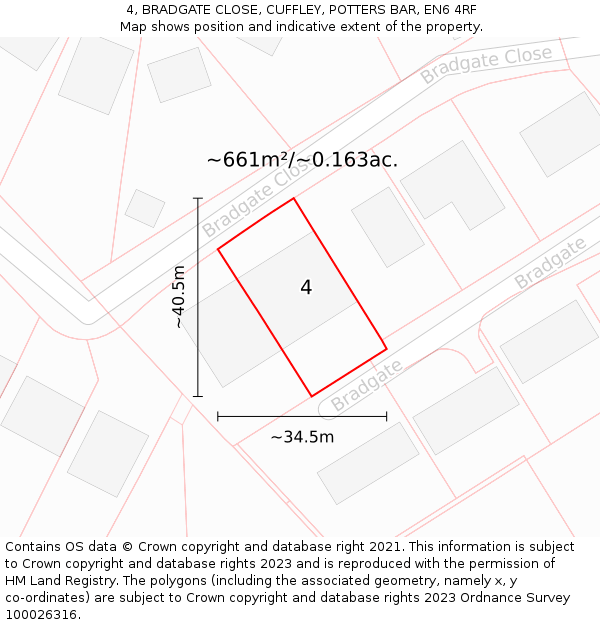 4, BRADGATE CLOSE, CUFFLEY, POTTERS BAR, EN6 4RF: Plot and title map