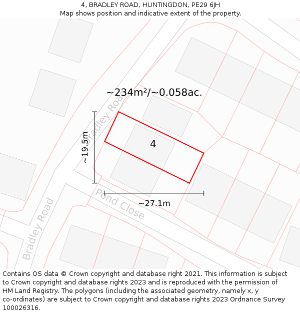 4, BRADLEY ROAD, HUNTINGDON, PE29 6JH: Plot and title map