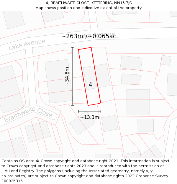4, BRAITHWAITE CLOSE, KETTERING, NN15 7JS: Plot and title map