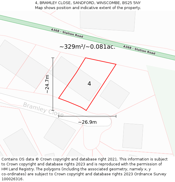 4, BRAMLEY CLOSE, SANDFORD, WINSCOMBE, BS25 5NY: Plot and title map