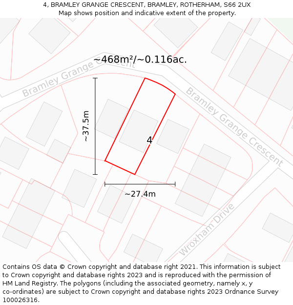 4, BRAMLEY GRANGE CRESCENT, BRAMLEY, ROTHERHAM, S66 2UX: Plot and title map