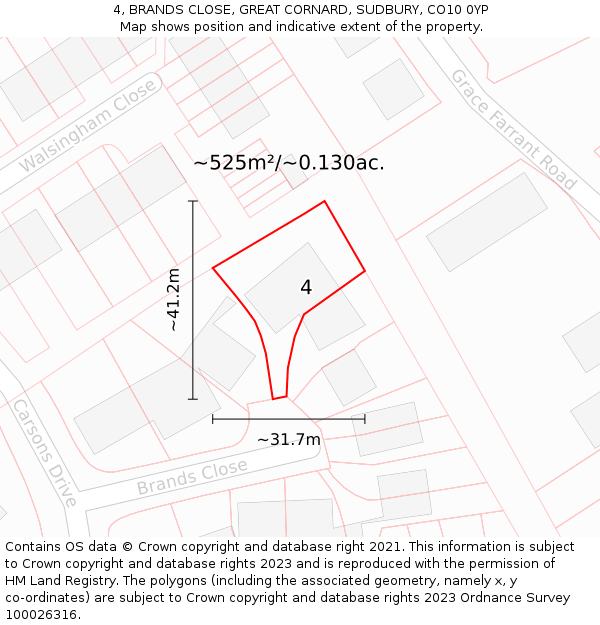 4, BRANDS CLOSE, GREAT CORNARD, SUDBURY, CO10 0YP: Plot and title map