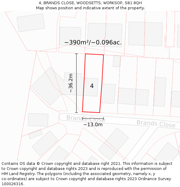 4, BRANDS CLOSE, WOODSETTS, WORKSOP, S81 8QH: Plot and title map