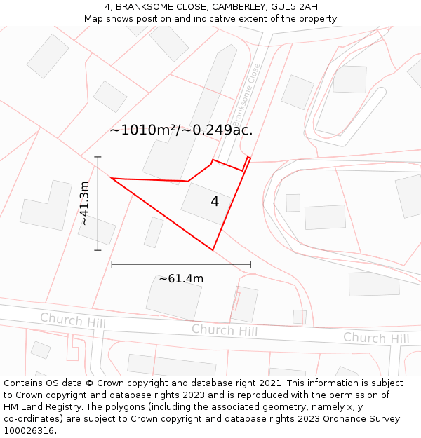 4, BRANKSOME CLOSE, CAMBERLEY, GU15 2AH: Plot and title map