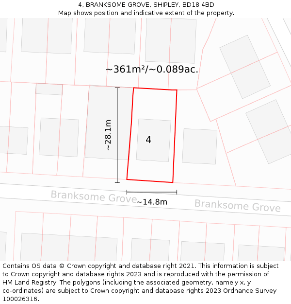 4, BRANKSOME GROVE, SHIPLEY, BD18 4BD: Plot and title map