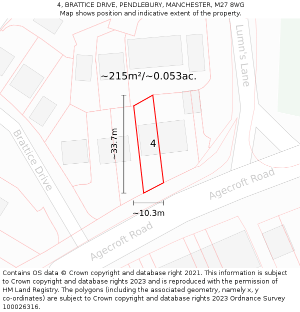4, BRATTICE DRIVE, PENDLEBURY, MANCHESTER, M27 8WG: Plot and title map