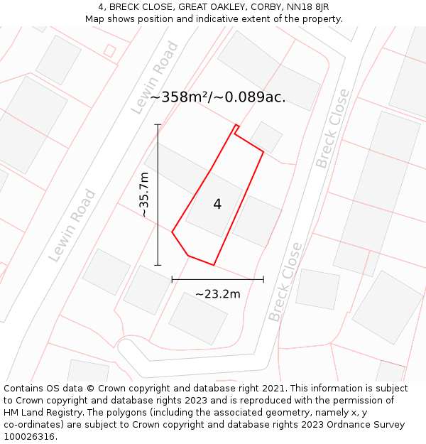 4, BRECK CLOSE, GREAT OAKLEY, CORBY, NN18 8JR: Plot and title map