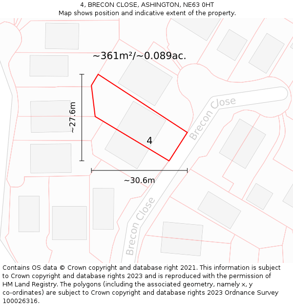 4, BRECON CLOSE, ASHINGTON, NE63 0HT: Plot and title map