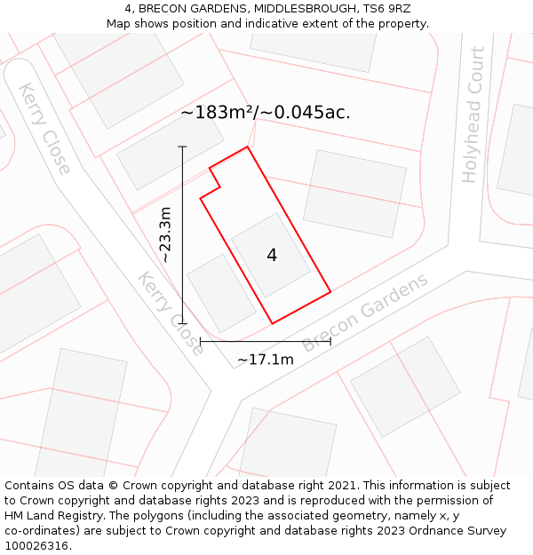4, BRECON GARDENS, MIDDLESBROUGH, TS6 9RZ: Plot and title map