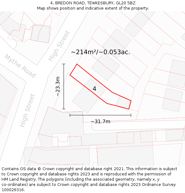 4, BREDON ROAD, TEWKESBURY, GL20 5BZ: Plot and title map