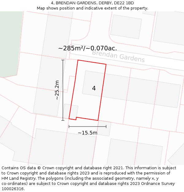 4, BRENDAN GARDENS, DERBY, DE22 1BD: Plot and title map