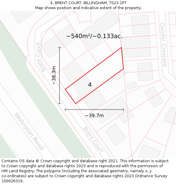 4, BRENT COURT, BILLINGHAM, TS23 1PT: Plot and title map