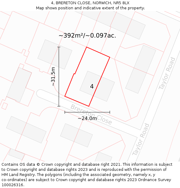 4, BRERETON CLOSE, NORWICH, NR5 8LX: Plot and title map