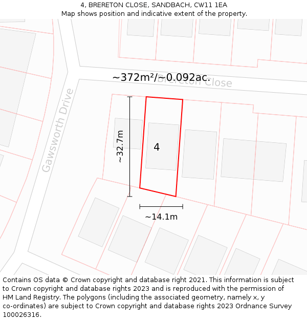 4, BRERETON CLOSE, SANDBACH, CW11 1EA: Plot and title map