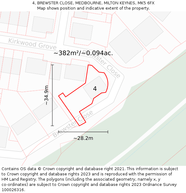 4, BREWSTER CLOSE, MEDBOURNE, MILTON KEYNES, MK5 6FX: Plot and title map