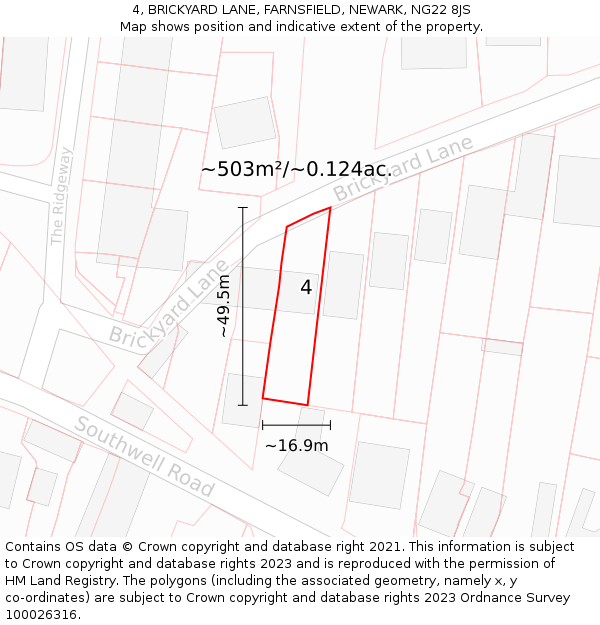 4, BRICKYARD LANE, FARNSFIELD, NEWARK, NG22 8JS: Plot and title map