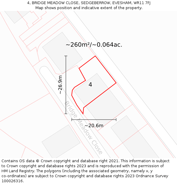 4, BRIDGE MEADOW CLOSE, SEDGEBERROW, EVESHAM, WR11 7FJ: Plot and title map