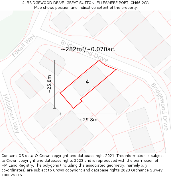 4, BRIDGEWOOD DRIVE, GREAT SUTTON, ELLESMERE PORT, CH66 2GN: Plot and title map