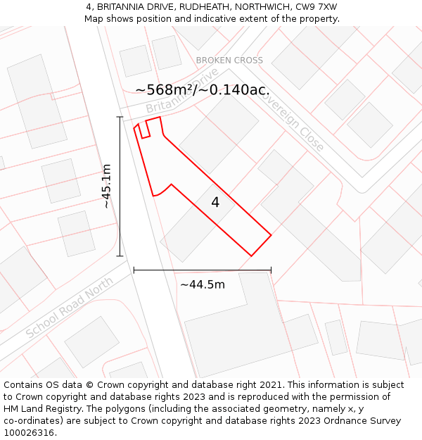 4, BRITANNIA DRIVE, RUDHEATH, NORTHWICH, CW9 7XW: Plot and title map