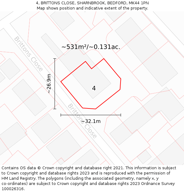 4, BRITTONS CLOSE, SHARNBROOK, BEDFORD, MK44 1PN: Plot and title map
