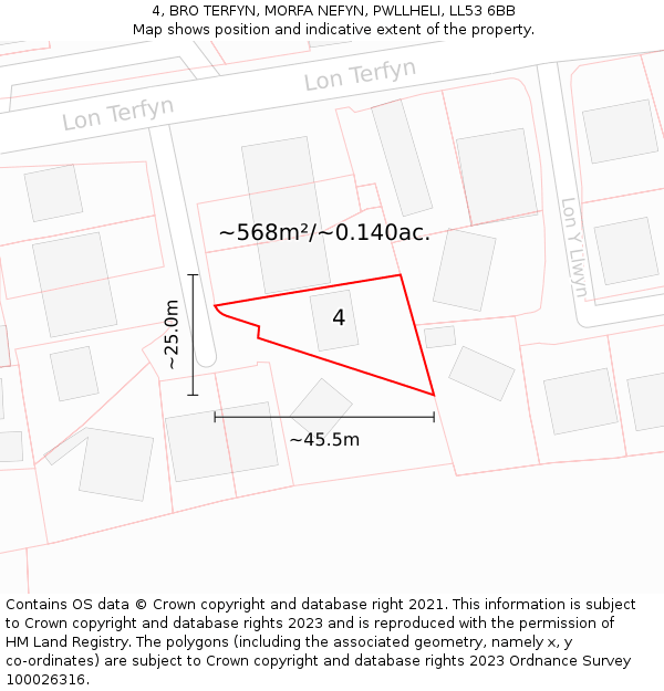 4, BRO TERFYN, MORFA NEFYN, PWLLHELI, LL53 6BB: Plot and title map