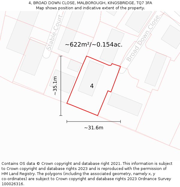 4, BROAD DOWN CLOSE, MALBOROUGH, KINGSBRIDGE, TQ7 3FA: Plot and title map