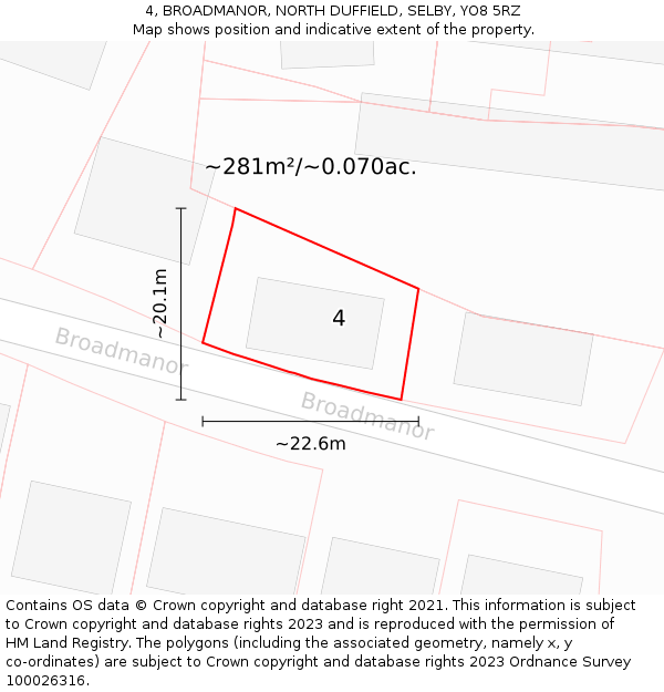4, BROADMANOR, NORTH DUFFIELD, SELBY, YO8 5RZ: Plot and title map