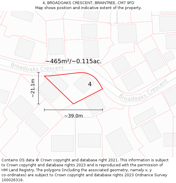 4, BROADOAKS CRESCENT, BRAINTREE, CM7 9FD: Plot and title map