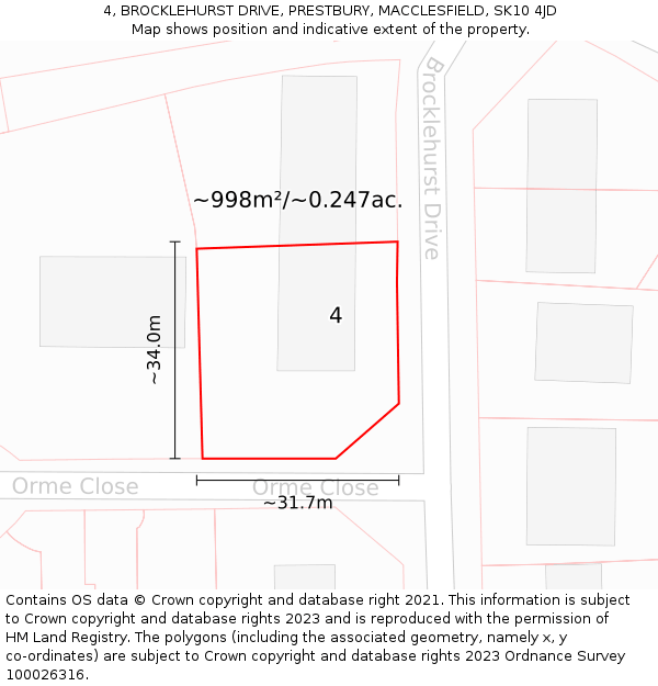4, BROCKLEHURST DRIVE, PRESTBURY, MACCLESFIELD, SK10 4JD: Plot and title map