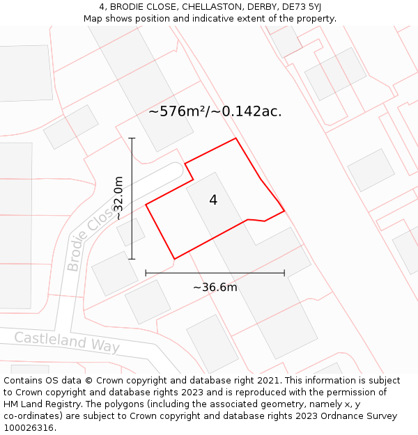4, BRODIE CLOSE, CHELLASTON, DERBY, DE73 5YJ: Plot and title map