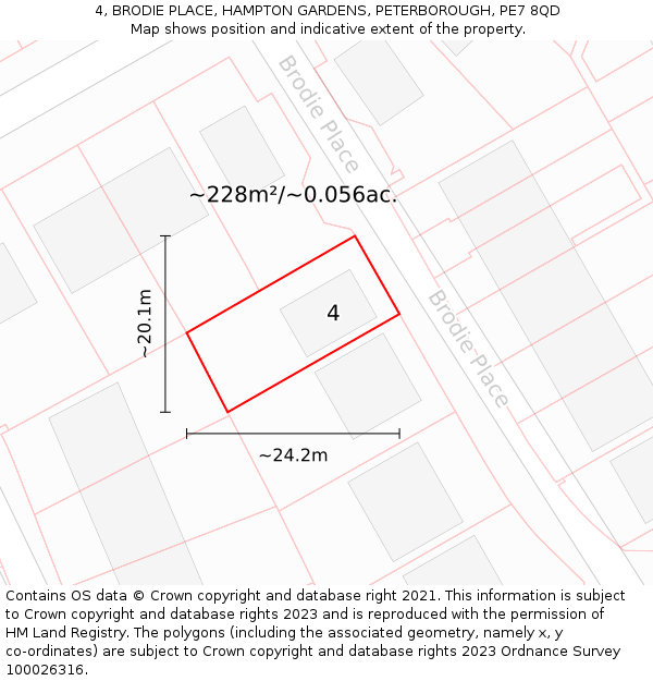 4, BRODIE PLACE, HAMPTON GARDENS, PETERBOROUGH, PE7 8QD: Plot and title map