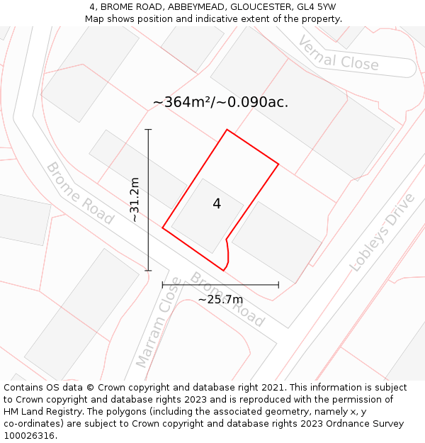 4, BROME ROAD, ABBEYMEAD, GLOUCESTER, GL4 5YW: Plot and title map