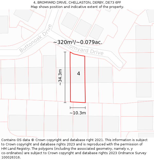 4, BROMYARD DRIVE, CHELLASTON, DERBY, DE73 6PF: Plot and title map