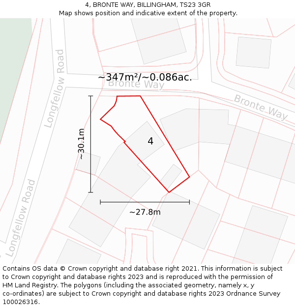 4, BRONTE WAY, BILLINGHAM, TS23 3GR: Plot and title map