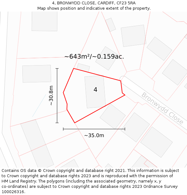 4, BRONWYDD CLOSE, CARDIFF, CF23 5RA: Plot and title map